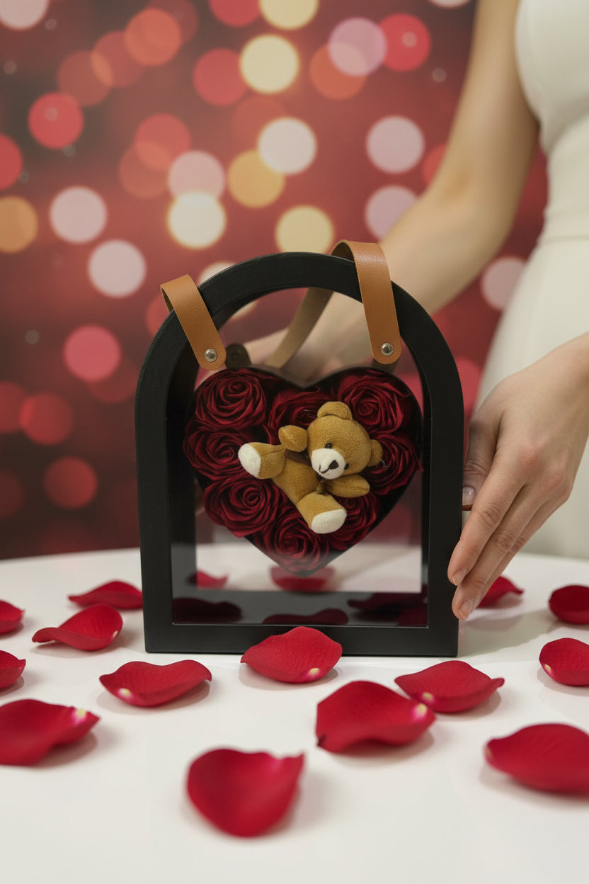 Medo u kutiji sa ružama od srca .