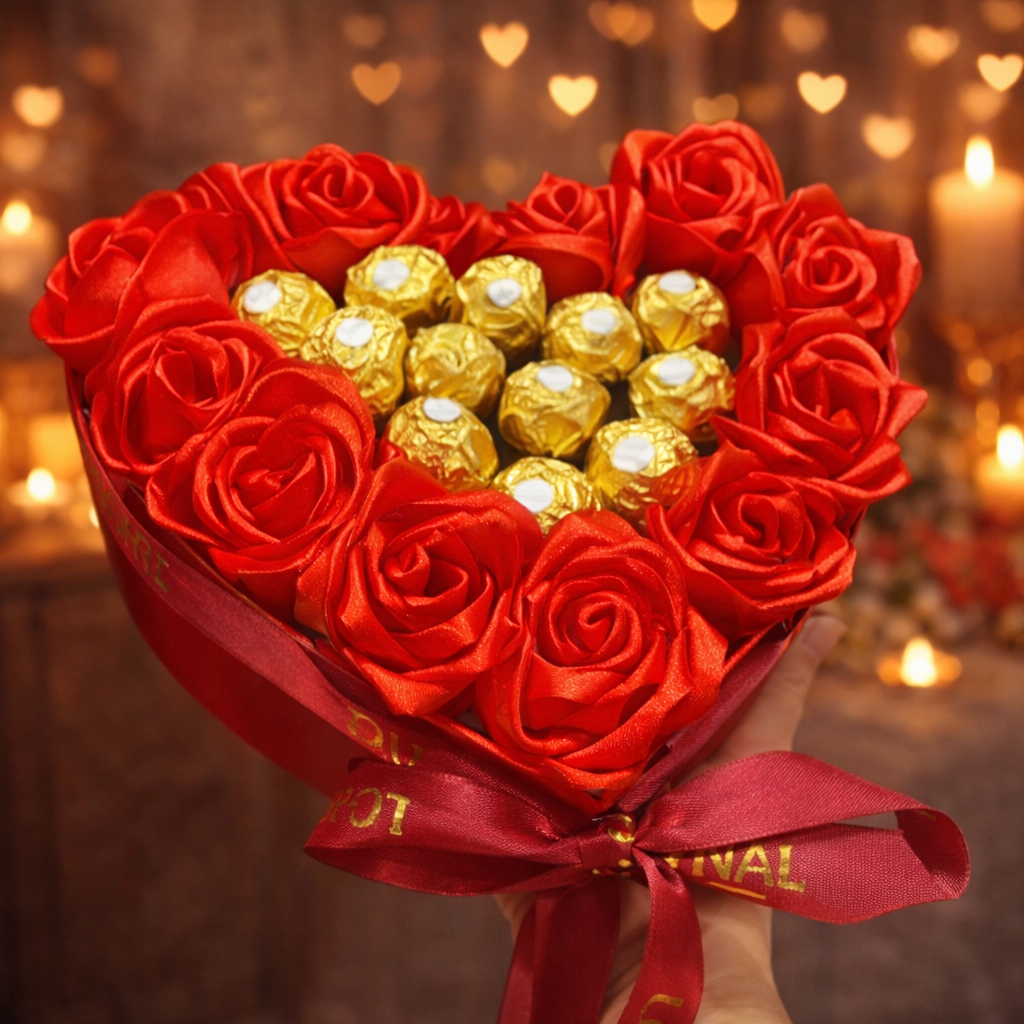 Ferrero Rocher heart box sa crvenim ružama, romantični poklon u obliku srca za Dan zaljubljenih i godišnjicu, Laki Ley Srbija