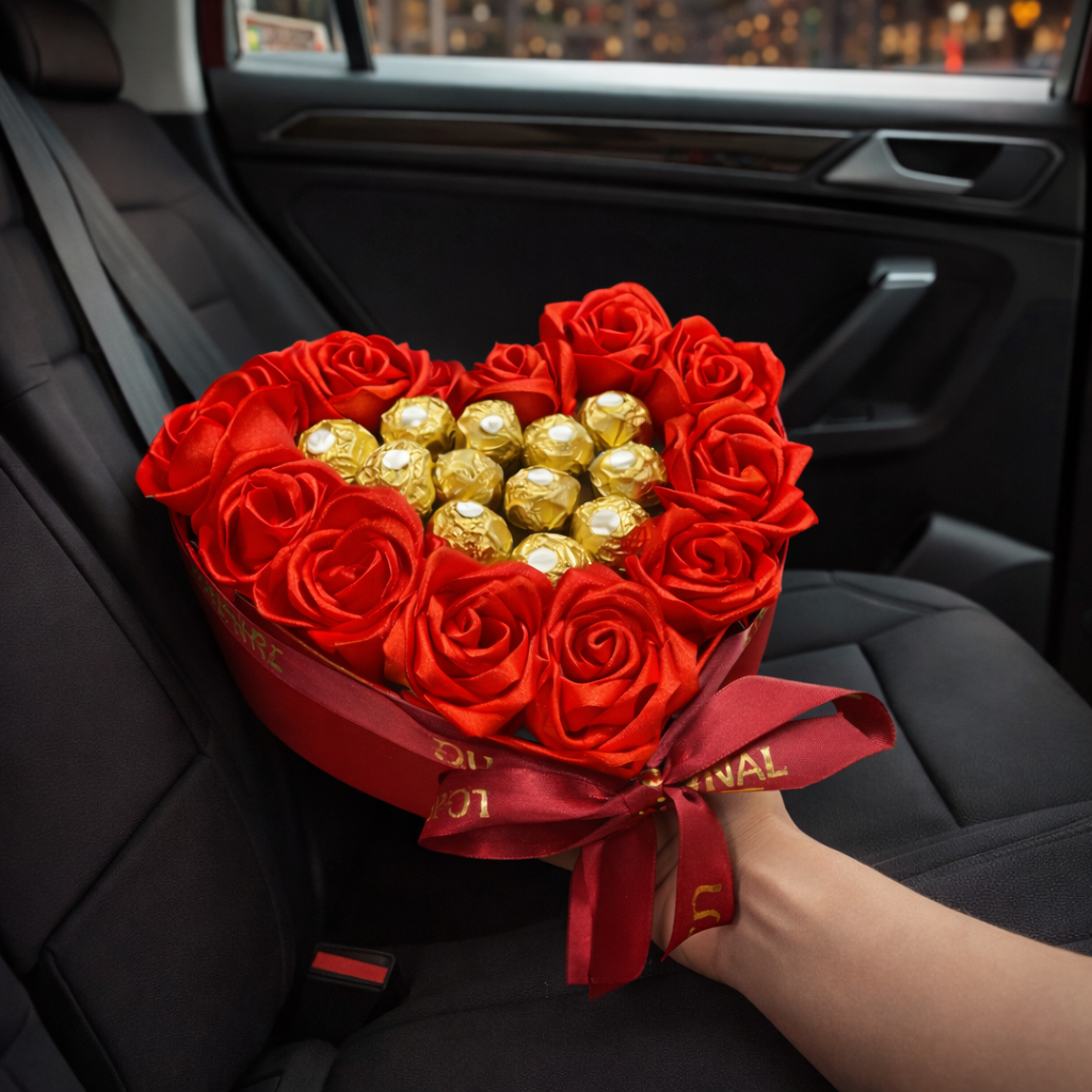 Ferrero Rocher heart box sa crvenim ružama, romantični poklon u obliku srca za Dan zaljubljenih i godišnjicu, Laki Ley Srbija