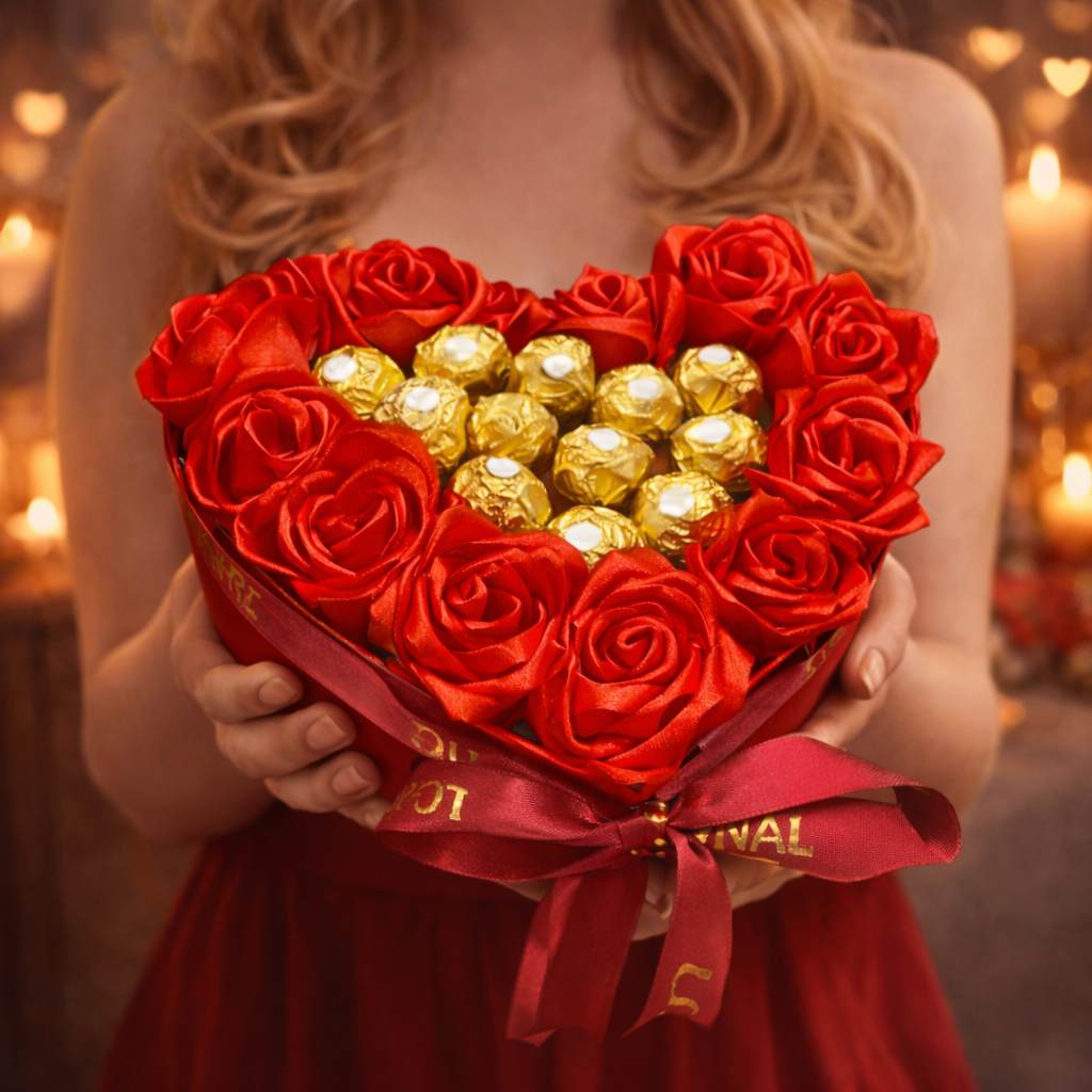 Ferrero Rocher heart box sa crvenim ružama, romantični poklon u obliku srca za Dan zaljubljenih i godišnjicu, Laki Ley Srbija