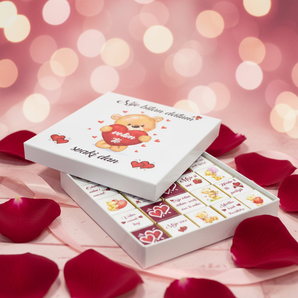 Romantična poklon kutija sa čokoladicama i porukom Nije bitan datum volim te svaki dan, pokloni Srbija online, ljubavni poklon za nju, online iznenađenje dostava Beograd Novi Sad Niš, čokoladni poklon box sa porukama, Dan zaljubljenih poklon, godišnjica ideja za poklon, romantični pokloni Srbija, premium chocolate gift box, srbija pokloni