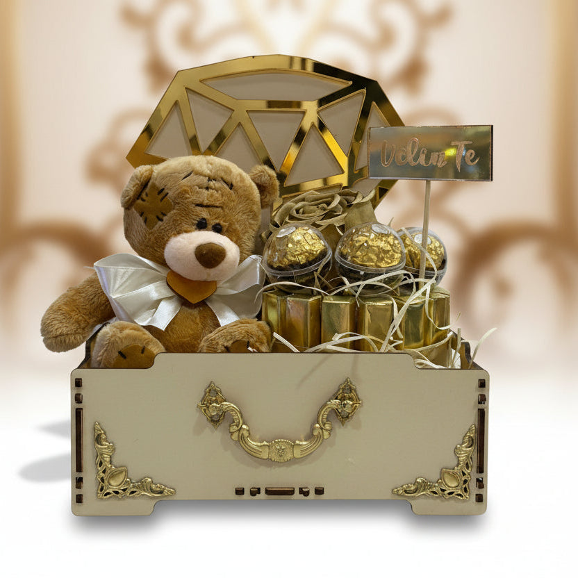 Luksuzna poklon-kutija sa medićem i čokoladama – savršen poklon za posebne trenutke i romantične prilike.