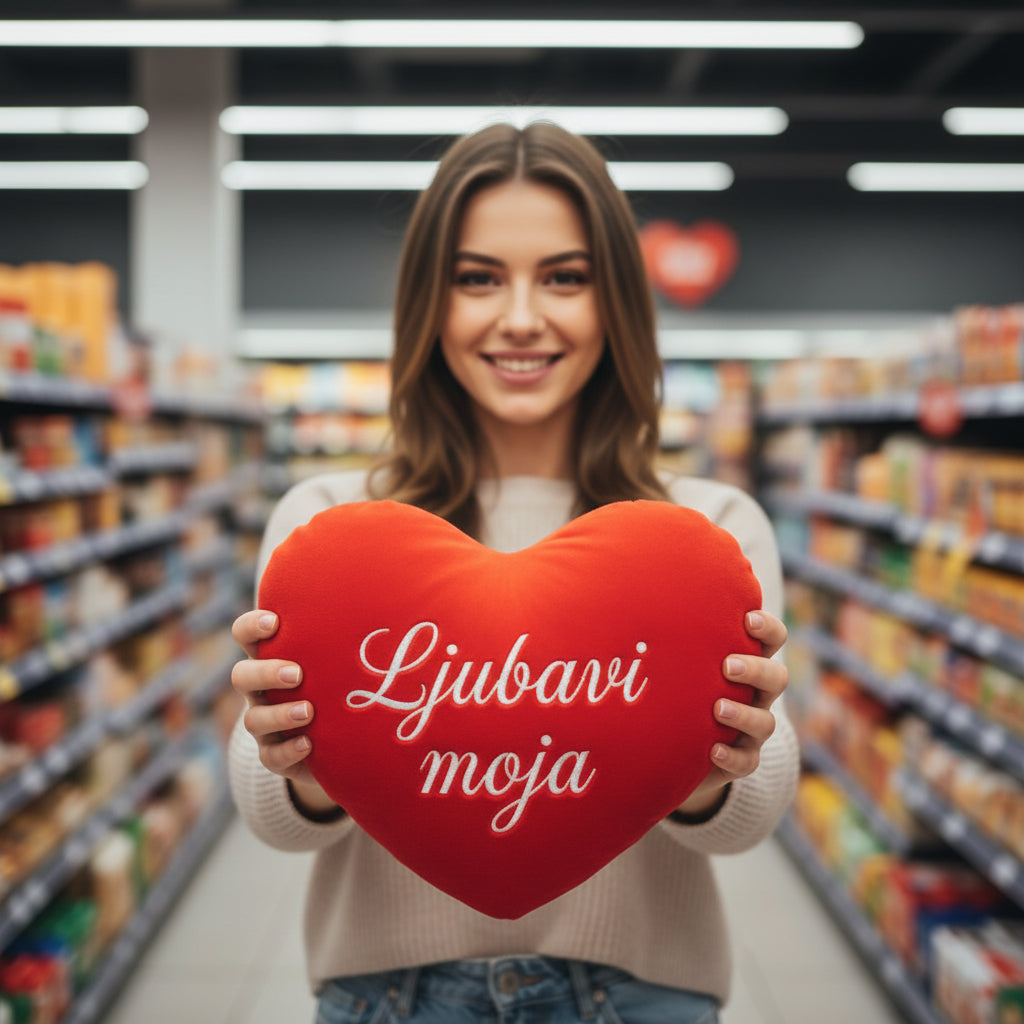 Crveno plišano srce sa natpisom Ljubavi moja, romantičan poklon za nju, pokloni Srbija, online iznenađenje za devojku, poklon za Dan zaljubljenih, godišnjica, rođendan, ljubavni pokloni Beograd Novi Sad Niš, ideja za romantični poklon, plišano srce dekoracija, srbija pokloni online, iznenađenje dostava, ljubavni poklon za suprugu