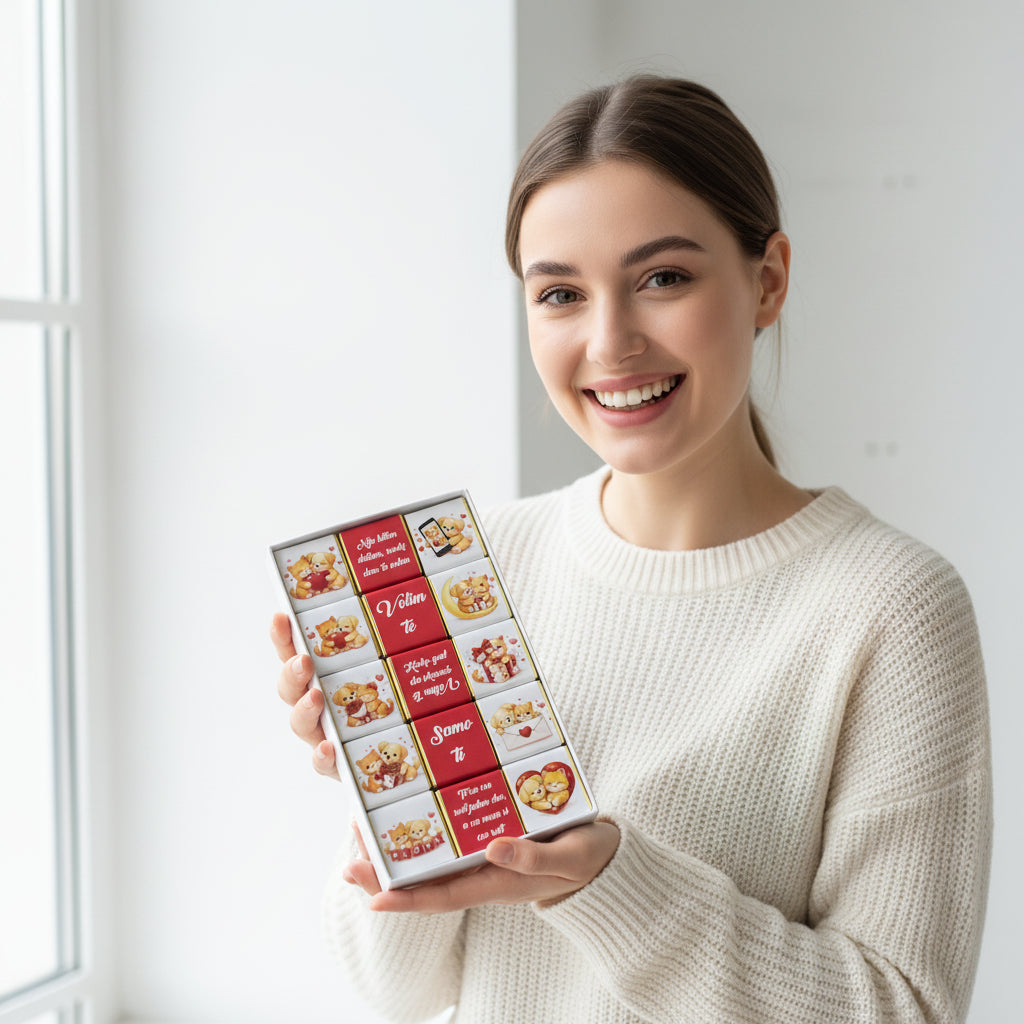 Romantična poklon kutija sa čokoladicama i porukom Ti si moja ljubav i sreća, teddy bear chocolate box, pokloni Srbija online, ljubavni poklon za nju, online iznenađenje dostava Beograd Novi Sad Niš, čokoladni poklon sa porukama, Dan zaljubljenih poklon ideja, godišnjica romantični pokloni Srbija, premium chocolate gift box, srbija pokloni online