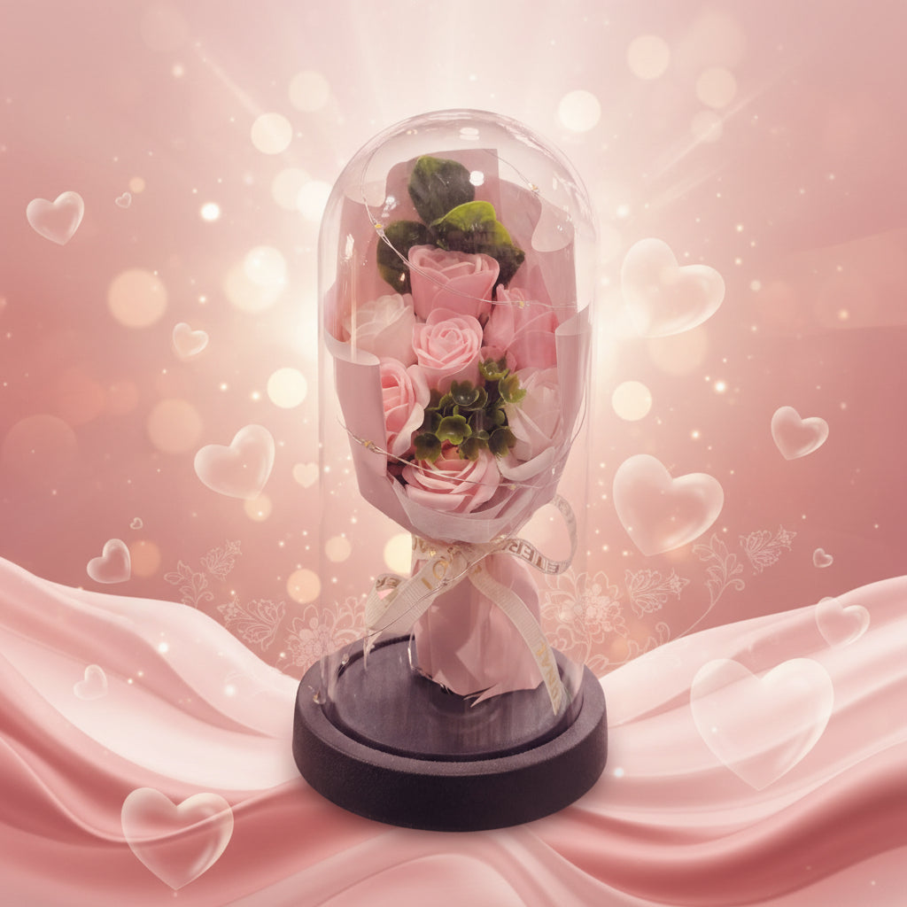 Romantičan rozi buket pod staklenim zvonom
Dekorativne ruže u staklenoj kupoli za poklon
Luksuzni poklon sa roza ružama golden rose, ruza,poklon