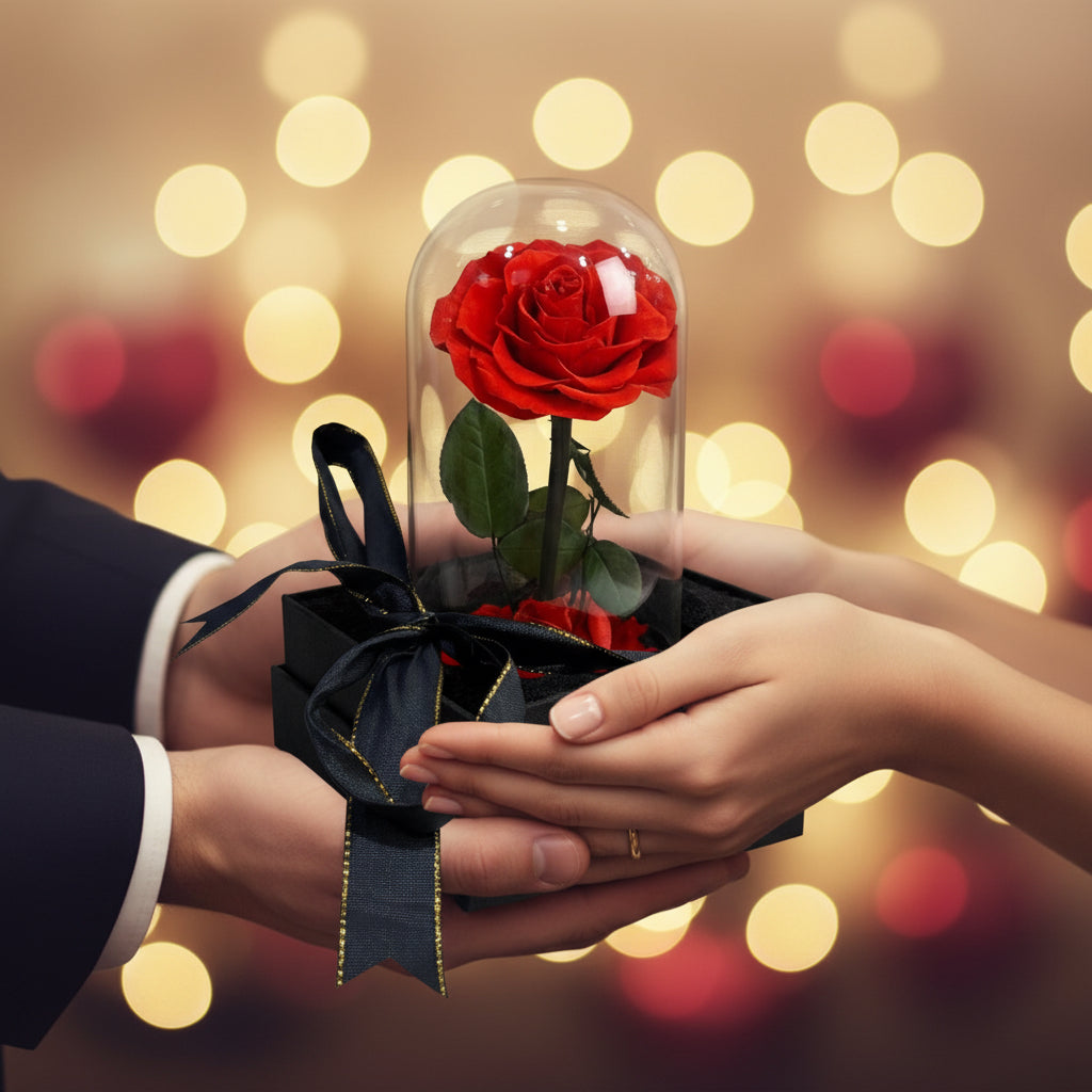 Red rose in a glass dome with a black bow on a white surface
