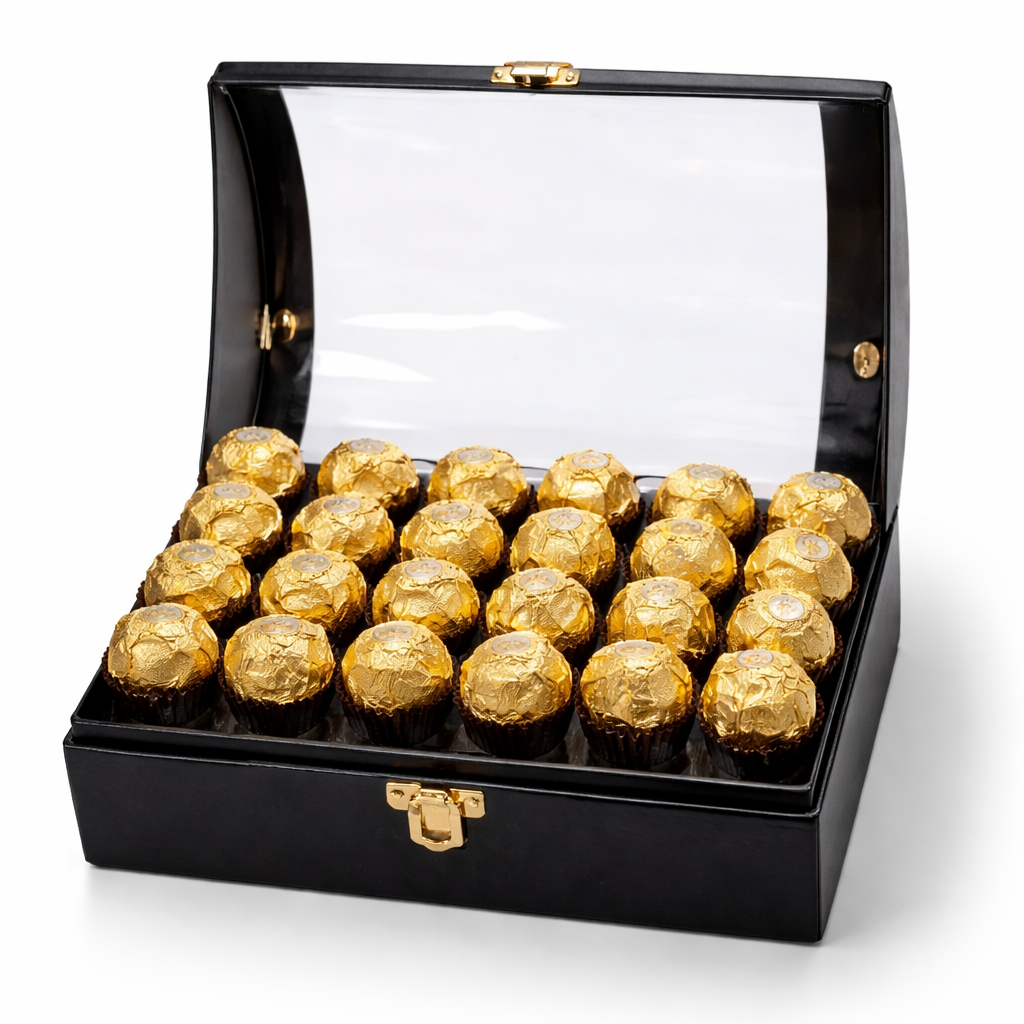 Ferrero Rocher luksuzna crna poklon kutija sa zlatnim čokoladicama, premium poklon Srbija, pokloni Srbija online, poslovni poklon Beograd Novi Sad Niš, romantično iznenađenje za nju i njega, online iznenađenje dostava, luksuzni slatki poklon, Ferrero poklon kutija Srbija, ideja za poklon godišnjica rođendan, premium čokoladni poklon set