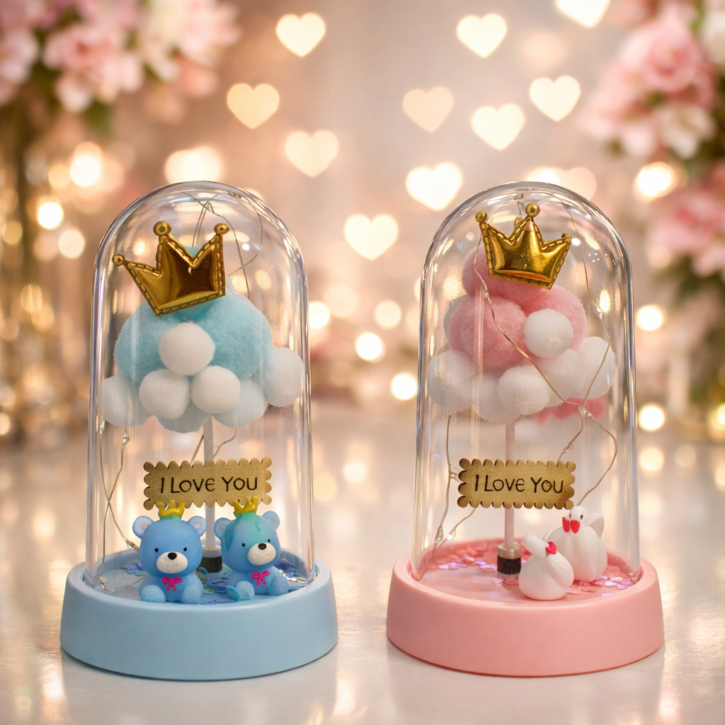 Romantična staklena kupola „I Love You“ u roze boji sa LED svetlom i zlatnom krunom. Savršen poklon za Dan zaljubljenih, godišnjicu ili posebnu osobu.