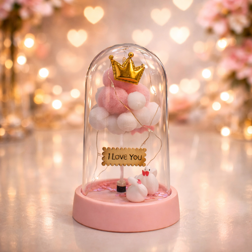 Romantična staklena kupola „I Love You“ u roze boji sa LED svetlom i zlatnom krunom. Savršen poklon za Dan zaljubljenih, godišnjicu ili posebnu osobu.