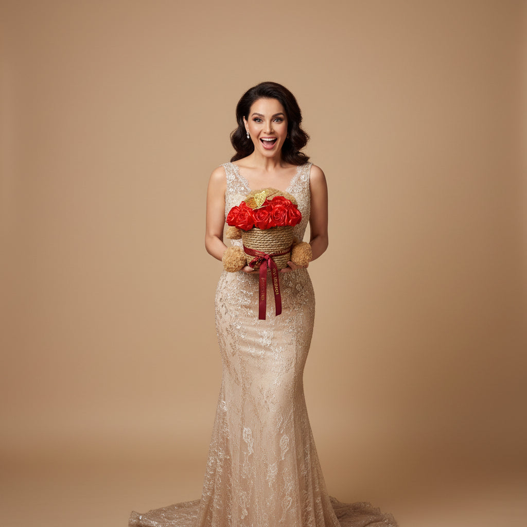 Plišani meda sa crvenim ružama romantični poklon za nju, pokloni Srbija online, luksuzni ljubavni poklon dostava Beograd Novi Sad Niš, meda sa buketom ruža, Dan zaljubljenih poklon ideja, godišnjica romantični aranžman, online iznenađenje Srbija, premium poklon za devojku, srbija pokloni romantični pokloni