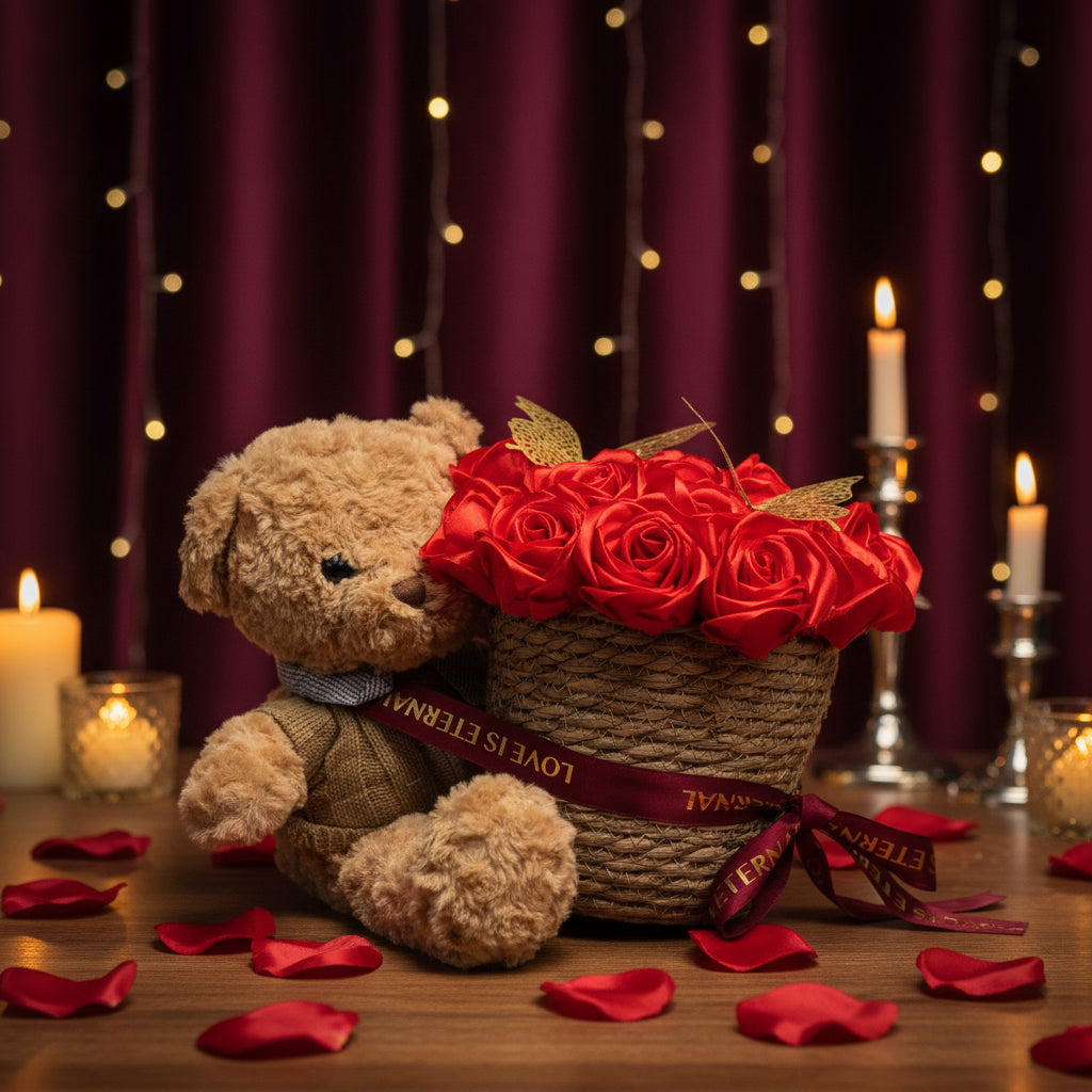 Plišani meda sa crvenim ružama romantični poklon za nju, pokloni Srbija online, luksuzni ljubavni poklon dostava Beograd Novi Sad Niš, meda sa buketom ruža, Dan zaljubljenih poklon ideja, godišnjica romantični aranžman, online iznenađenje Srbija, premium poklon za devojku, srbija pokloni romantični pokloni