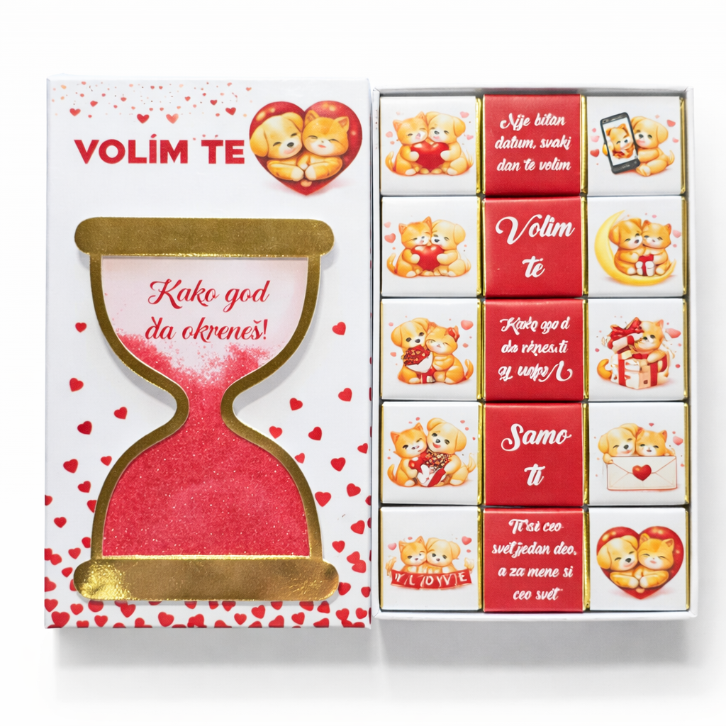 Romantična poklon kutija Volim te kako god da okreneš sa čokoladicama, love chocolate box Srbija, pokloni Srbija online, ljubavni poklon za nju dostava Beograd Novi Sad Niš, Dan zaljubljenih poklon ideja, godišnjica čokoladni poklon, online iznenađenje Srbija, premium chocolate gift box sa porukama, srbija pokloni romantični pokloni